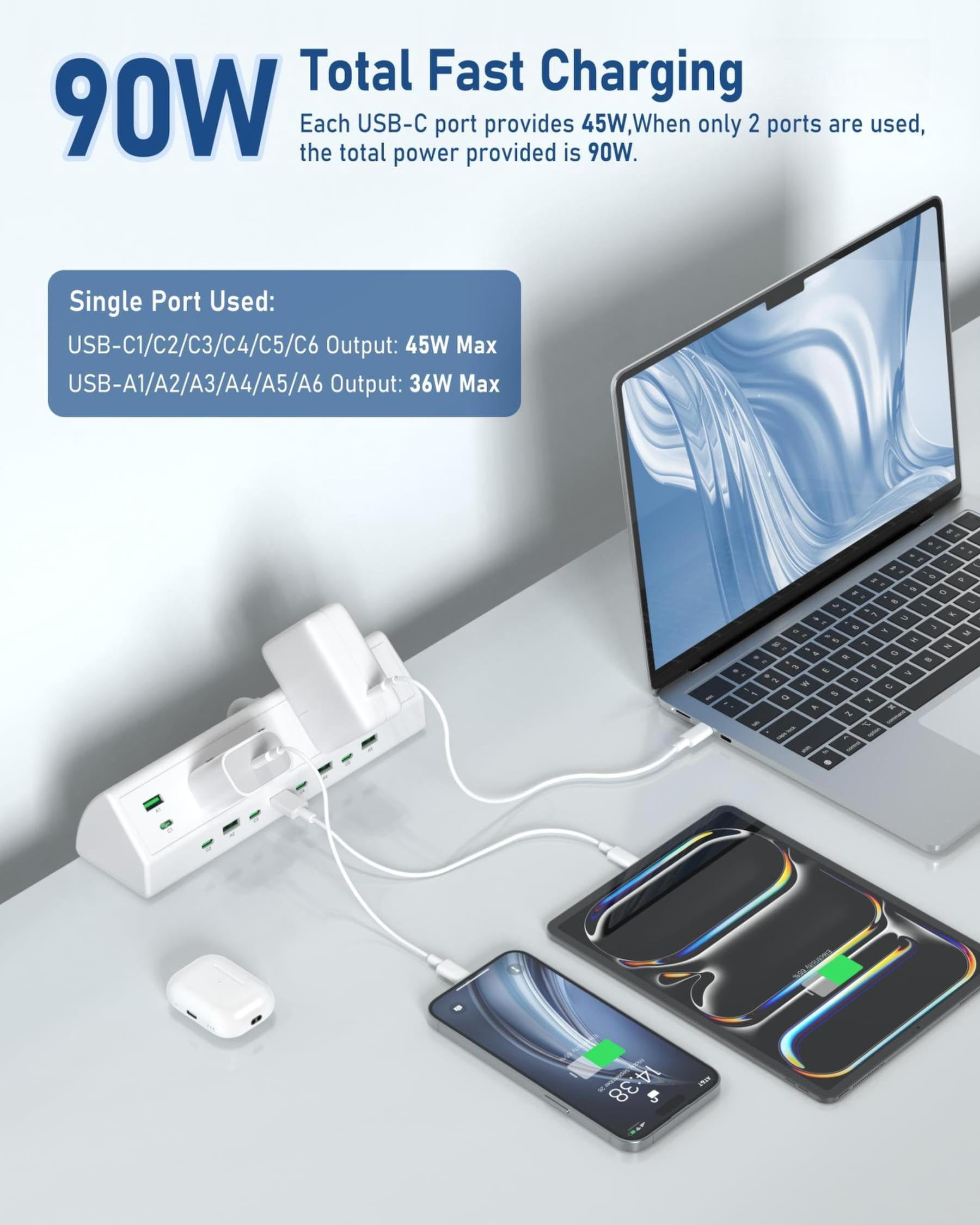 90w Desk Clamp Power Strip 12 Usb Ports (6 Pd 45w Usb-c) Surge Protector Etl Listed Hub Extension Cord Fast Charging Station For Home Office Edge Mount (white  12 Usb-90w)