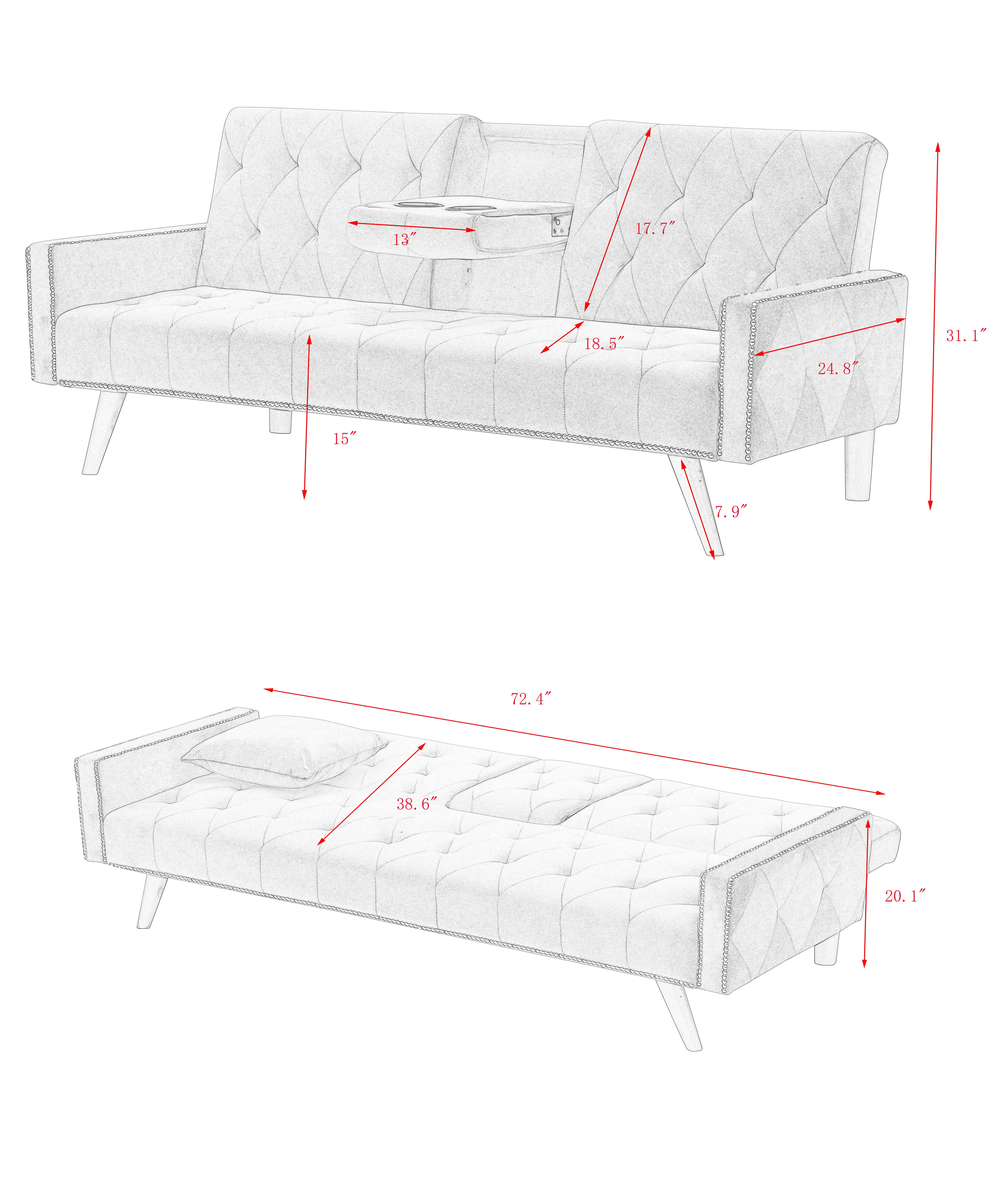 MAYEERTY 72" Sofa Bed Velvet Sofa Couch with 2 Cup Holders for Small Spaces, Pink