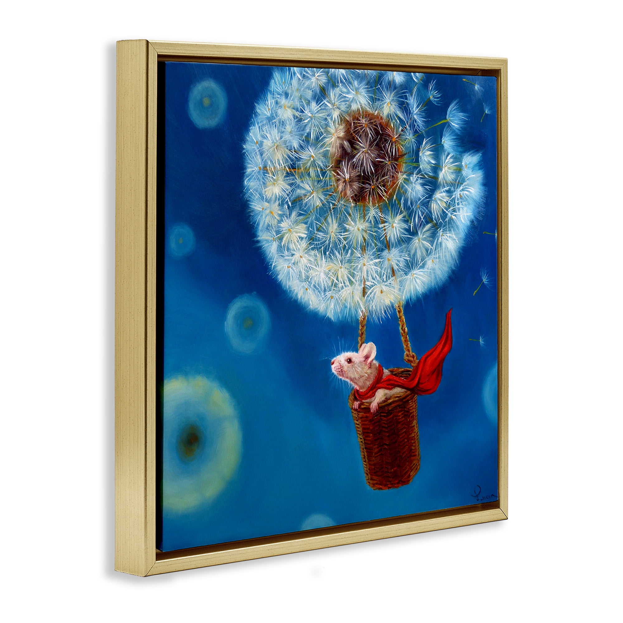 Stupell Industries Dandelion Hot Air Balloon Mouse Animals & Insects Painting Gold Floater Framed Canvas Art Print Wall Art, 25 x 25