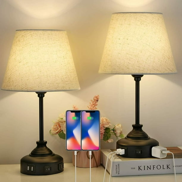 Set of 2 USB Bedside Table Lamps with 2 USB Charging Ports for Bedroom