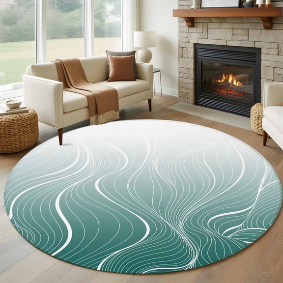 Round Area Rug 7 Ft, Turquoise Geometric Washable Non-Slip Circle Carpet for Living Room/Bedroom, Modern White Stripe Distortion Art Low-Profile Large Runner Mat Collection Rugs for Indoor