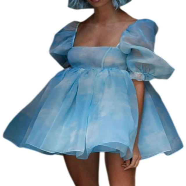 PENGXIANG Femmes Bouffant Manches Tulle Princesse Robe Cou Carré Ruffle Mesh Mariage Parti Fée Été Mini Dres