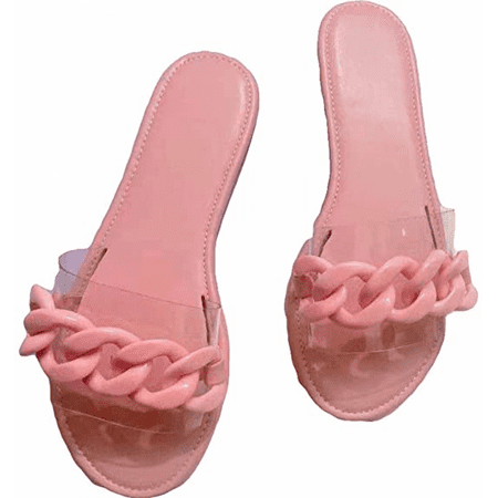 

Wish Women Sandals Beach Open Toe Flat Slippers Transparent Fashion Colorful Chain Clear Slide Flip Flops Slip on Outdoor Beach ----- Pink （Size 40） S1692