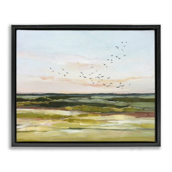 Stupell Industries Bird Flock over Grassland Landscape & Nature Painting Black Floater Framed Canvas Art Print Wall Art, 21 x 17
