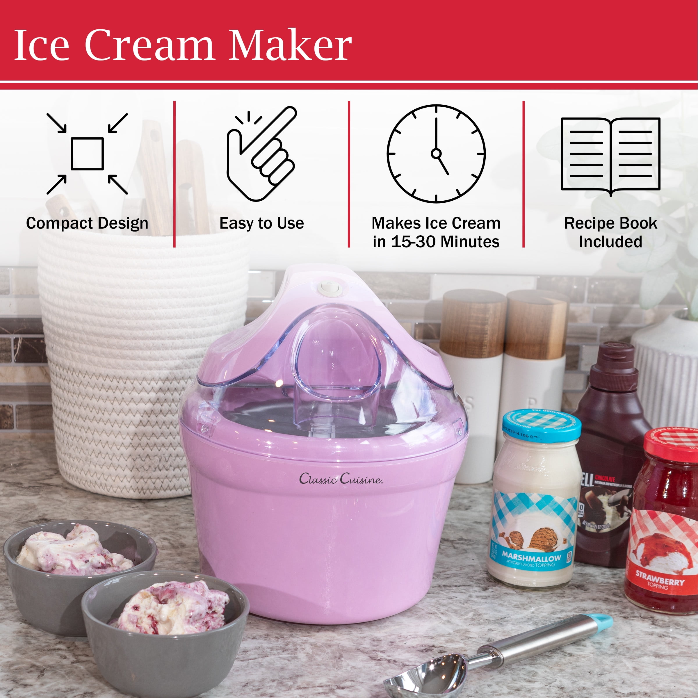 Classic Cuisine 1QT Ice Cream Maker for Sorbet, Gelato, and Frozen Yogurt