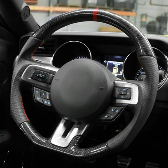 Carbon Fiber Racing Steering Wheel, Flat Bottom D Shape Preforated Leather Car Steering Wheel With Red/Blue Stitching, Fit For : EcoBoost GT Shelby GT350 /GT350R 2018-2020