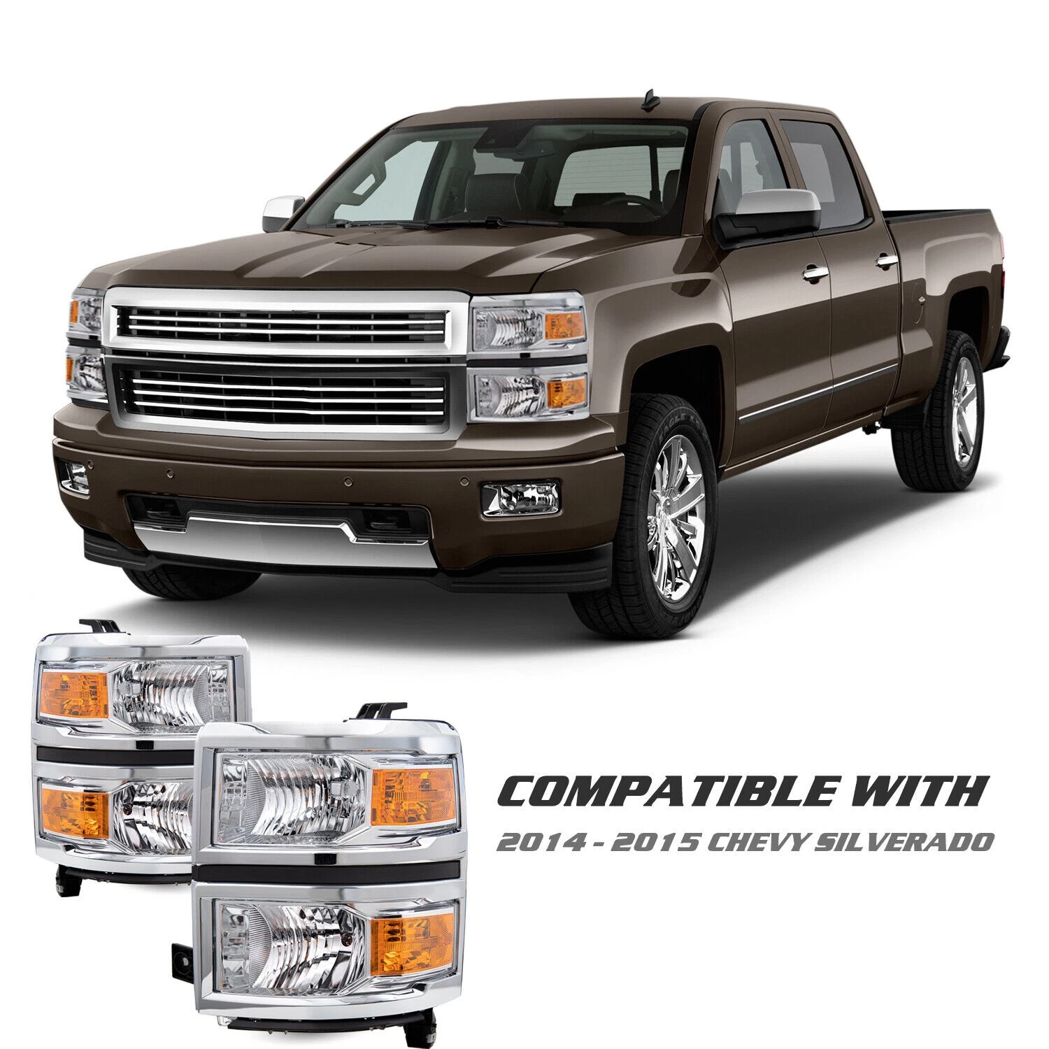 For 2014-2015 Chevy Silverado 1500 Chrome Amber Headlights Headlamps L+R Pairs