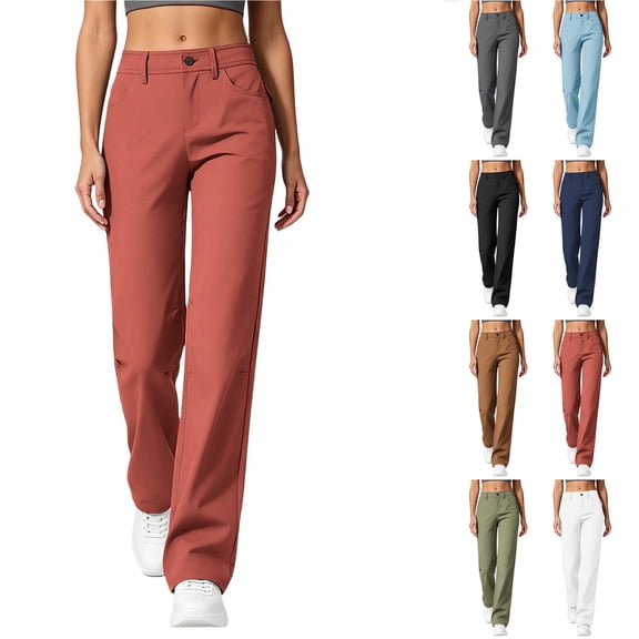Bloomae Women's Hiking Pants Lightweight Button Elastic High Waist Stretch Travel Work Slacks Pants Loose Wide Straight Leg Comfy Lounge Trousers with Pockets
