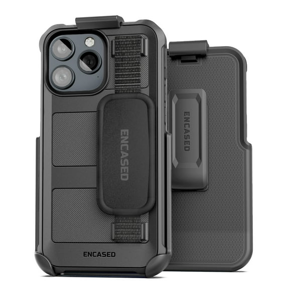 Encased Falcon Designed for iPhone 15 Pro Case with Hand Strap and Belt Clip, Protective Phone Case with Holster (Black)