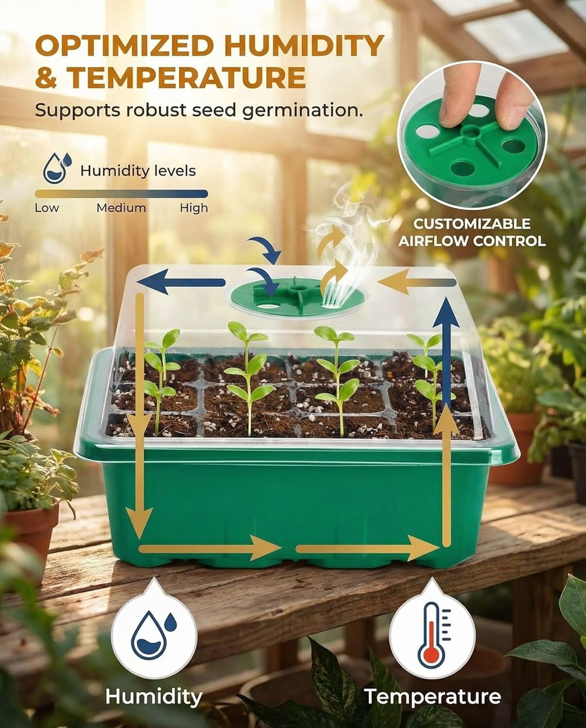Seed Starter Tray Kit with Humidity Dome, 120 Cells Total Tray and Base for Germination