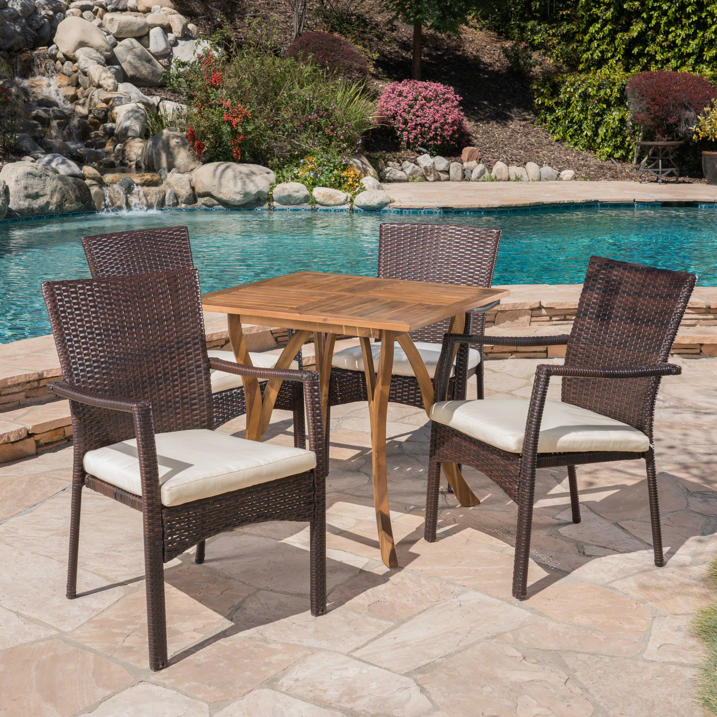 Outdoor 5 Piece Acacia Wood/ Wicker Dining Set with Cushions, Teak, Brown,Crme