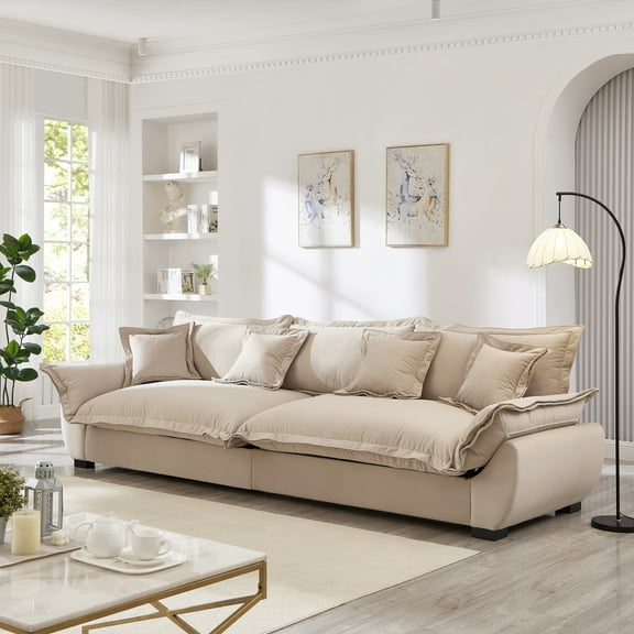 GAKMCIL 126" Velvet Modular Sectional Sofa, 3 Seater Sailing Design Upholstered Sofa, Deep Seat Cloud Sofa with Storage, Removable Backrest, Throw Pillows for Living Room, Apartment (Light Khaki)