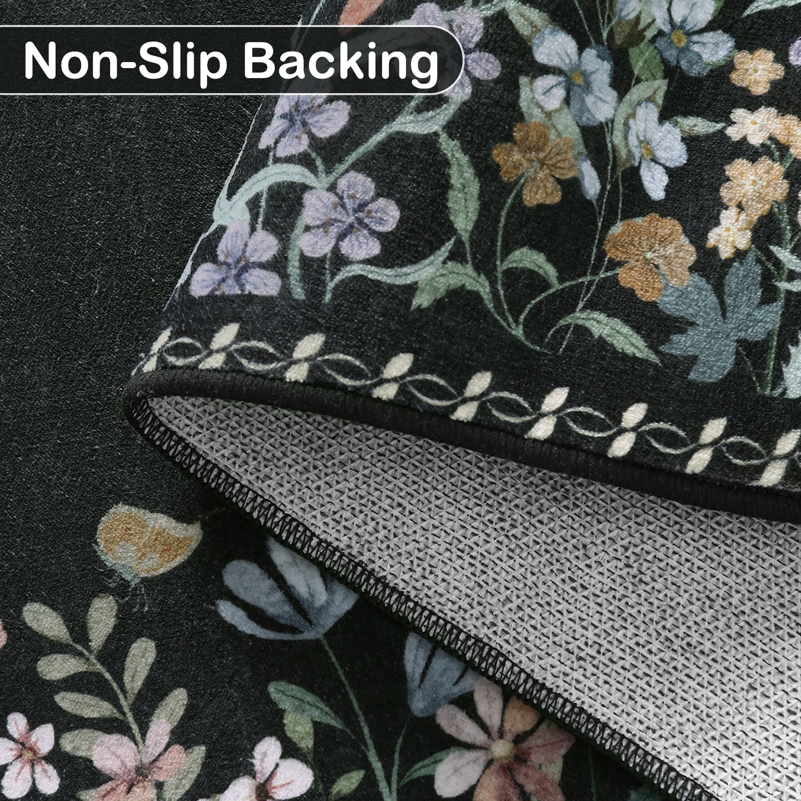 Wonnitar 4'x6' Floral Area Rugs for Living Room, Washable Rugs for Bedroom Stain Resistant Black Vintage Throw Rugs for Dining Home Office Room Sunroom, Soft Non Slip