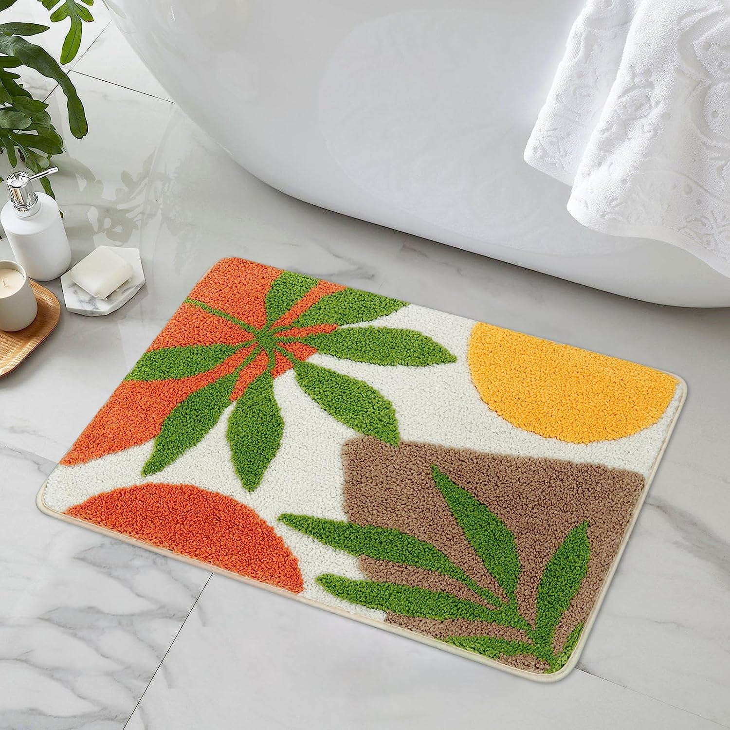 Boho Bathroom Rugs Orange Modern Abstract Leaves Bath Mat Non Slip