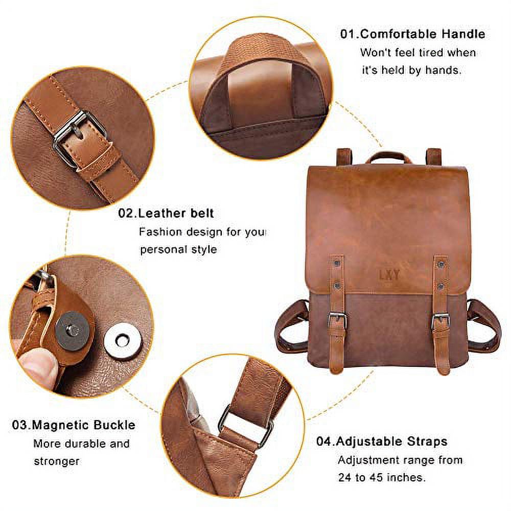 lxy vegan leather backpack vintage laptop bookbag for women men, brown faux leather backpack purse college school bookbag weekend travel daypack - image 2 of 3