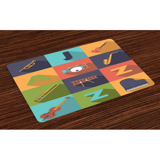 Music Placemats Set of 4 Colorful All Jazz Equipment Set on Flat Design
