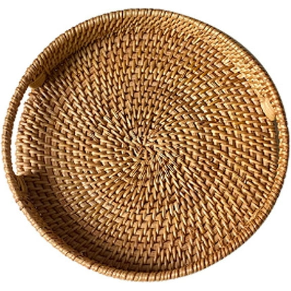 Woven Rattan Basket, Round Serving Trays with Handles,Coffee Table Centerpiece Decorative Trays for Home Decor, Rattan Tray for Breakfast, Drinks, Snack,10 in