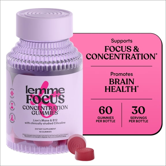 Lemme Focus Concentration & Brain Health Gummies with Cognizin Citicoline, Lion's Mane Mushroom, Vitamin B12, Caffeine Free, Strawberry - 50 Count