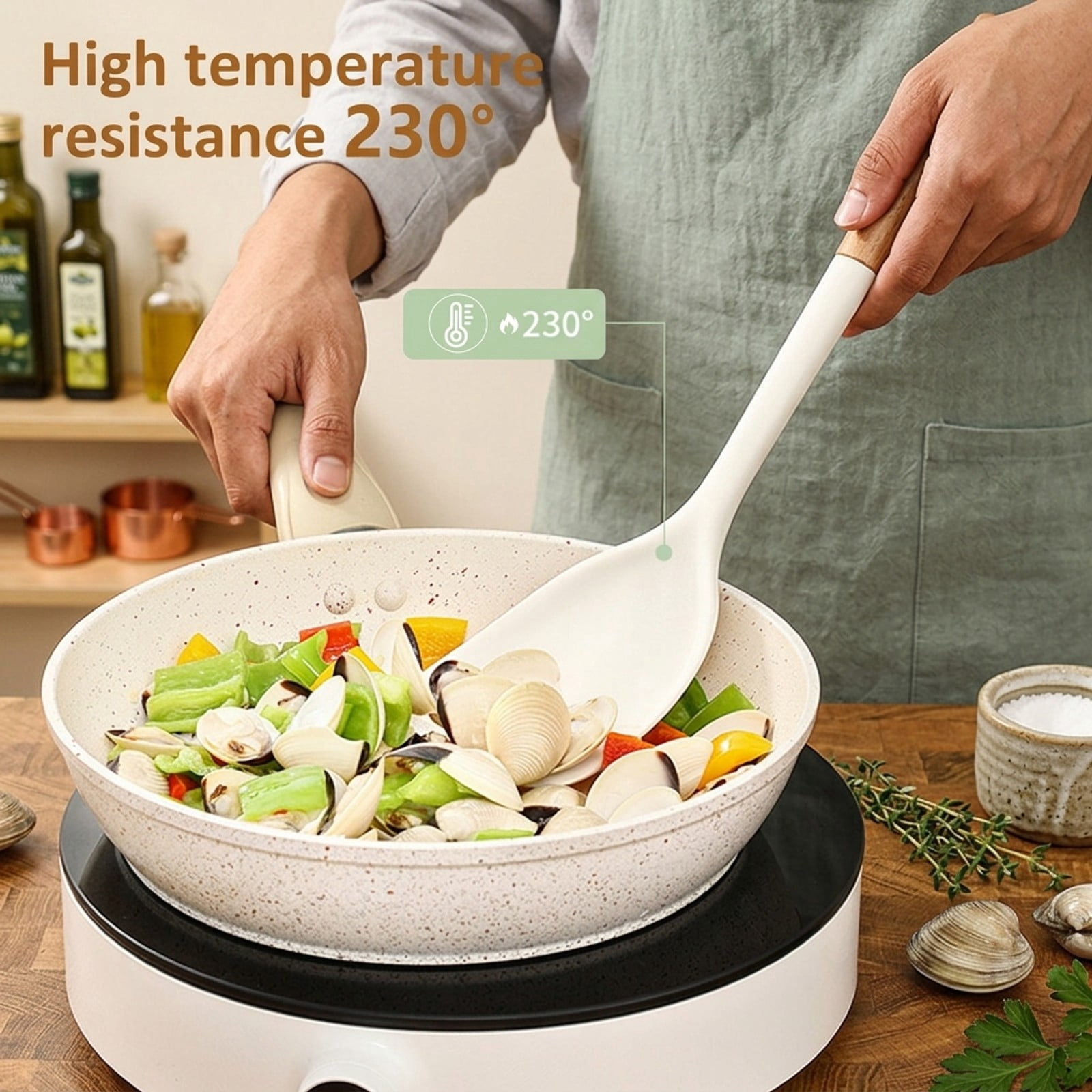Fenbeli 13-Piece Silicone Kitchen Utensil Set with Wooden Handles, Heat-Resistant Nonstick Cooking Tools, Cream White