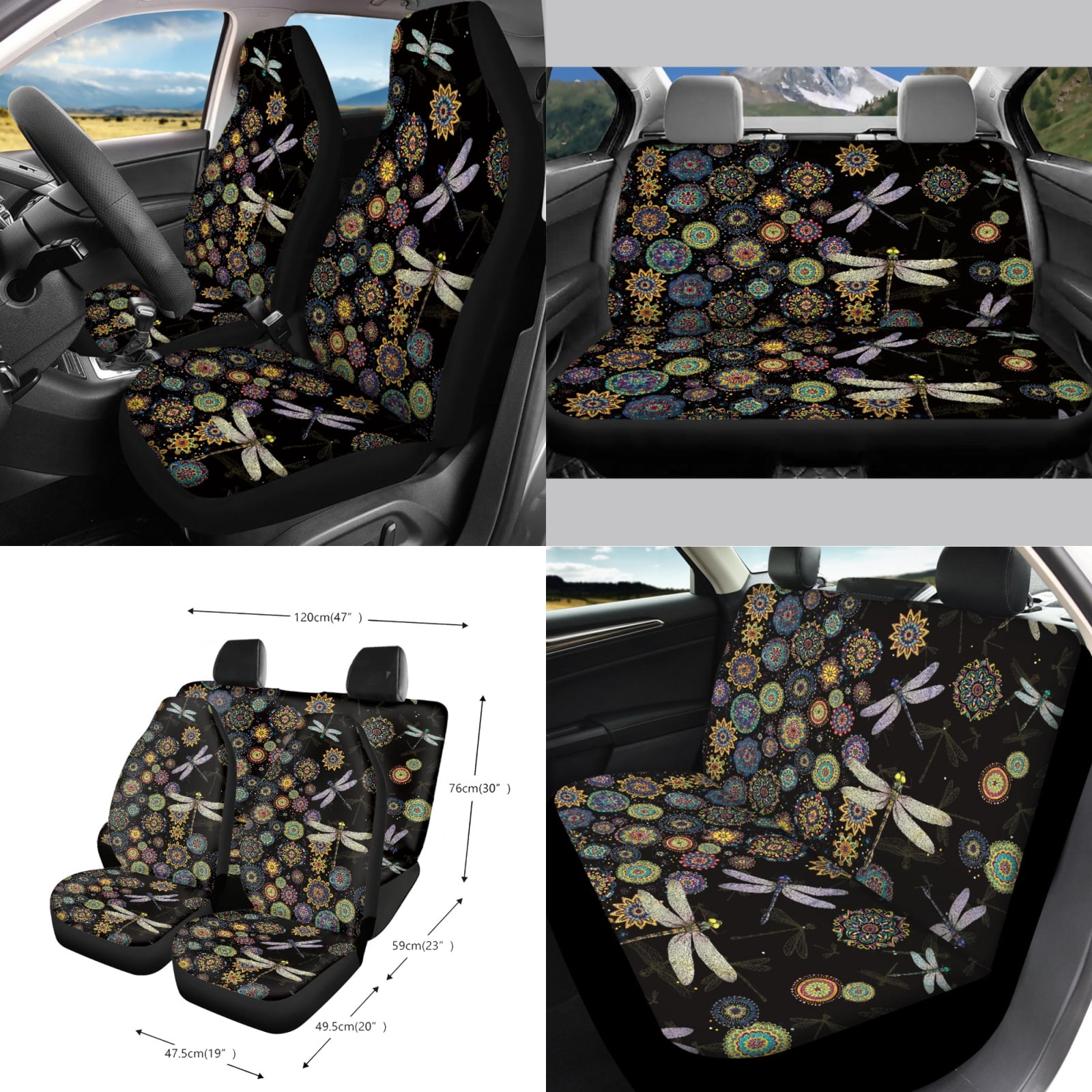 Garronmavis Hippie Flower Dragonfly Car Accessories Sets Auto Interior Decor Car Seat Covers Steering Wheel Cover Key Chain Lanyard Car Trash Can Car Dash Accessories Rearview Mirror Cover Cup Mats