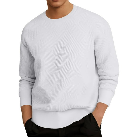 KHONTS Men's Crewneck Sweatshirts Soild Color Geometric Texture Long Sleeve Casual Pullover Shirts White XL