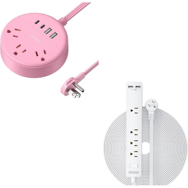 Multiprise Rose, Rallonge de 5 Pieds, 3 Prises CA & 2 USB C & 2 USB A + Longue Rallonge de 25 Pieds, Rallonge Plate sous Tapis