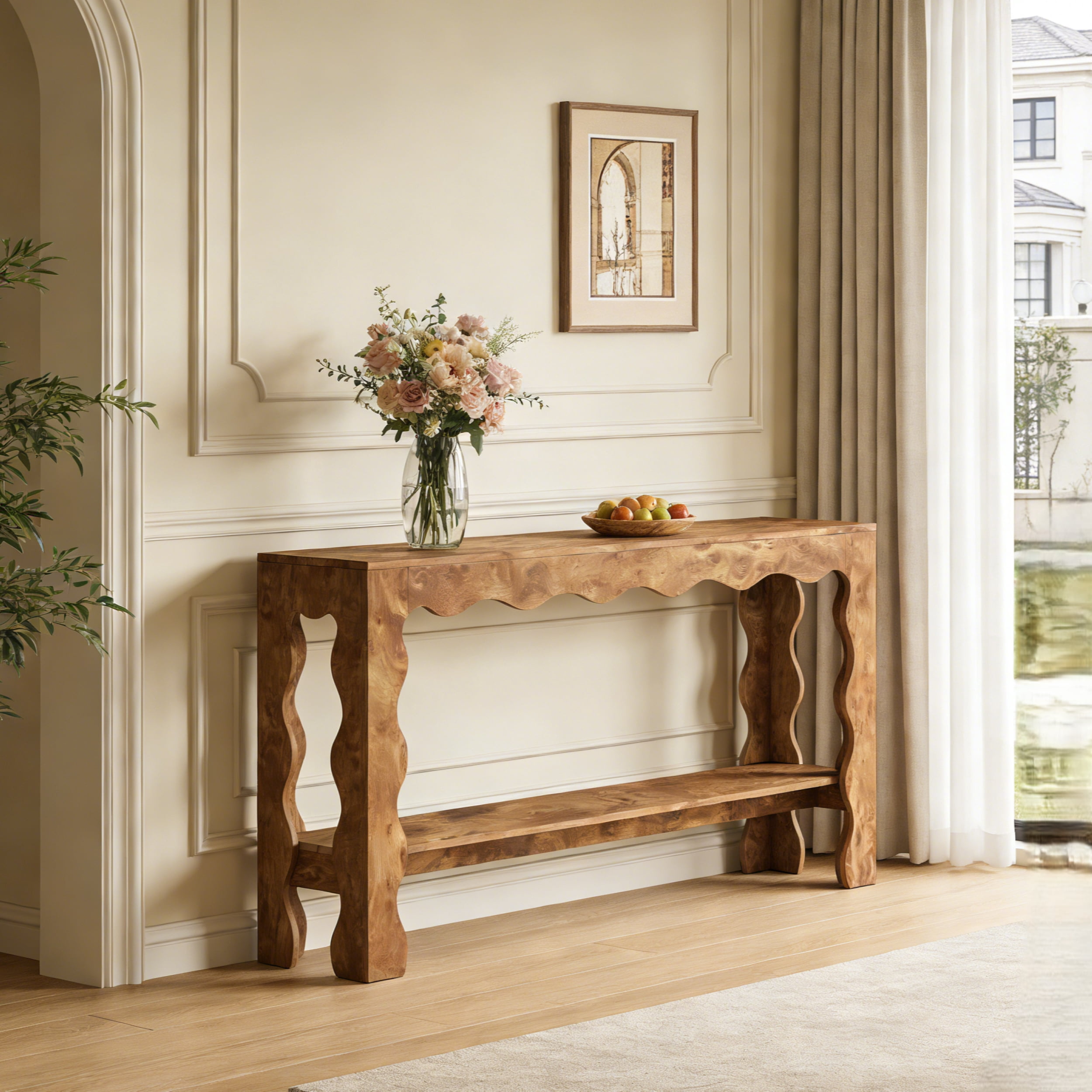 Fnova 63" Farmhouse Console Table with 2-Tier Storage Shelf, Scallop Design Entryway Table, Narrow Sofa Table for Living Room, Hallway, Foyer