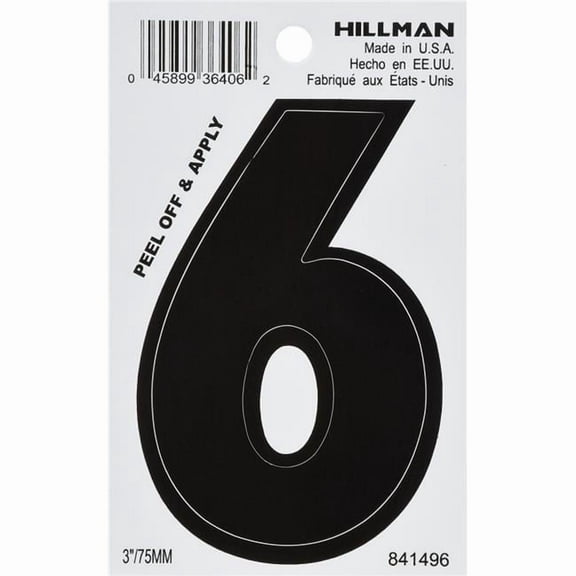 Hillman Group 841496 3 in. Black Glossy Vinyl Die-Cut Adhesive Number - 6