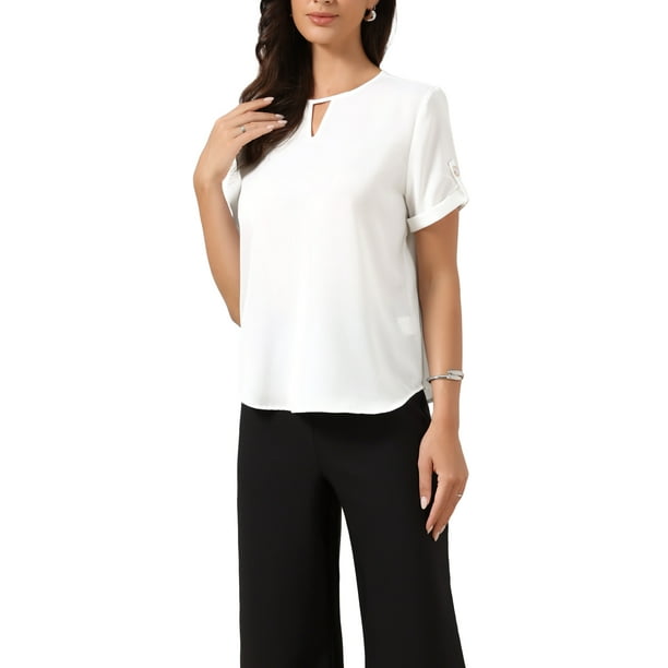 Blusas de Negocios Casual de Manga Corta de Color Sólido con Cuello en V para Mujeres L Blanca