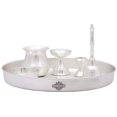 thumbnail image 3 of Indian Art Villa 6-Piece Silver Plated Embossed Puja Thali Set - 8.1" Diameter - Elegant Worship Ensemble, 3 of 5
