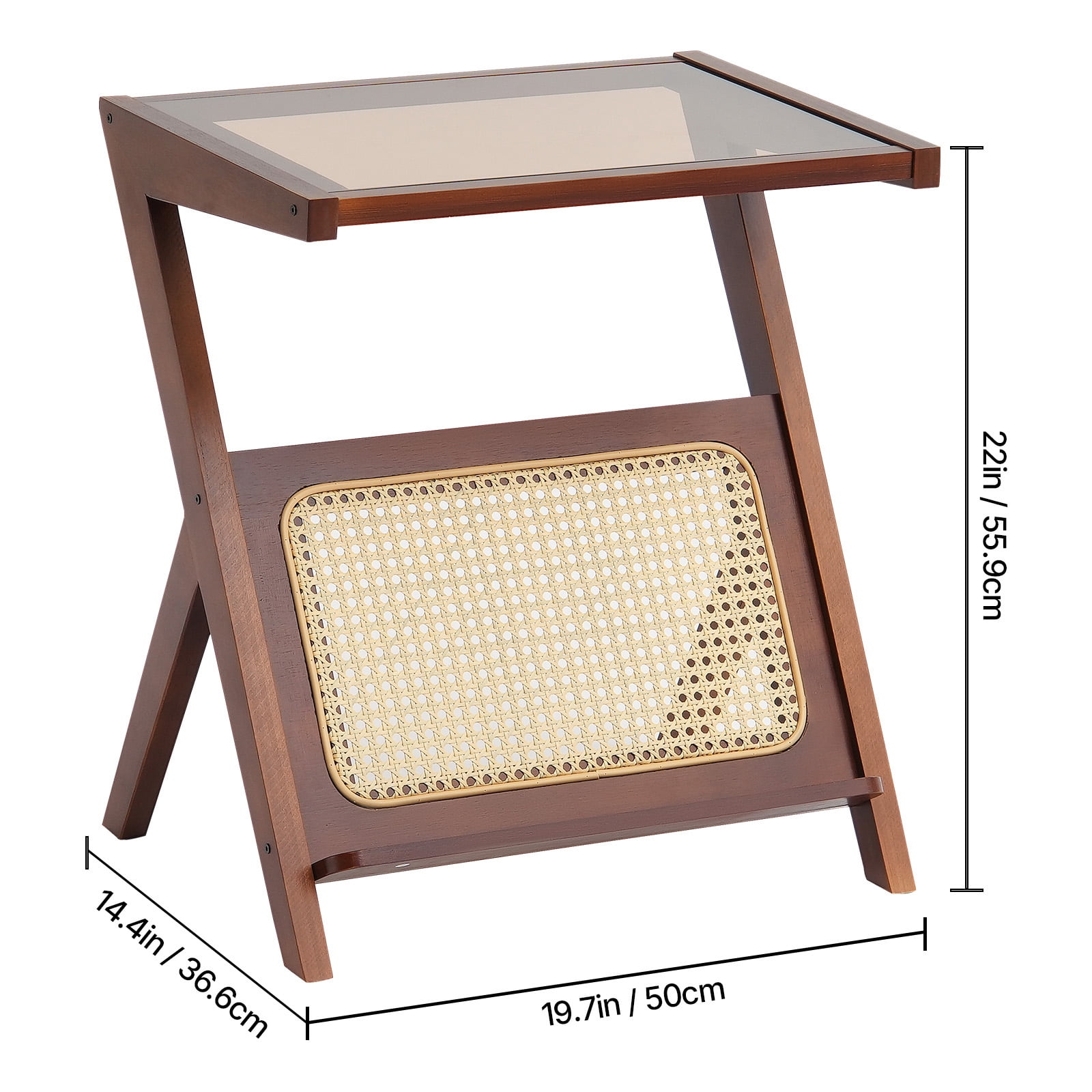KFFKFF Bamboo Coffee Table, Contemporary Z-Form Rattan Weaved Table with Reinforced Glass Surface, 20” Bohemian Style Storage Table with Authentic Bamboo Stands, Suitable for Lounge, Bedroom