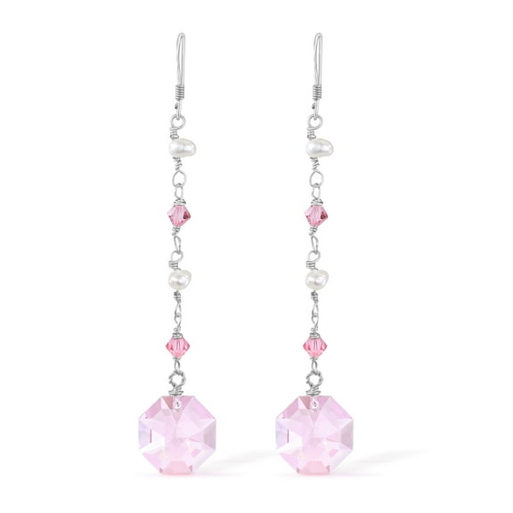 Pretty in Pink Crystal & Tassel of Pearls Sterling Silver Long Drop Earrings