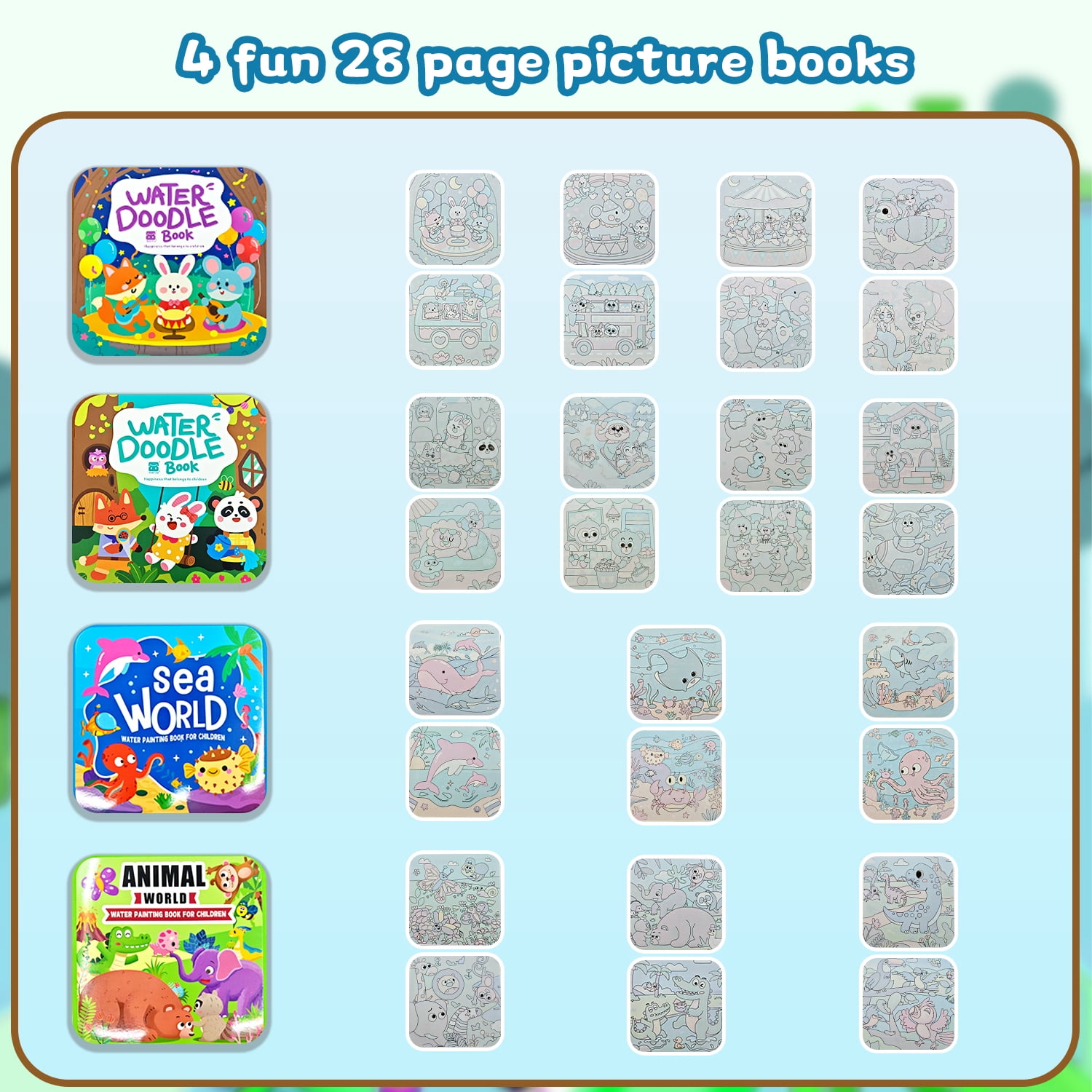 NaTuGi Reusable Water Painting Books for Kids，with 4 Water pens 4 Themes，No Mess Paint Coloring，for Ages 3+，Gift for Boys & Girls，Kids Travel Activity Toys (4 Books)