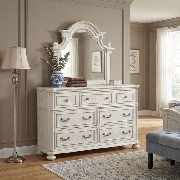 Roundhill Furniture Nelson 7-Drawer Bedroom Dresser with Mirror, Antique White