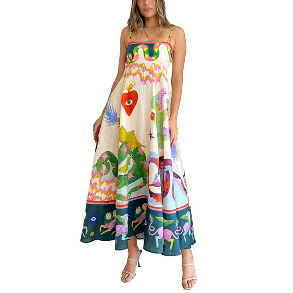 Kmbangi Women Spaghetti Strap Sleeveless Dress Summer Print Flowy A-Line Party Long Dress for Cocktail Beach Streetwear