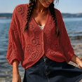 thumbnail image 2 of Kakishop Women's Short Sleeve Summer Cardigan V-Neck Button up Lightweight Hollow Out Sweater Cardigans Shrug,Red, 2 of 5