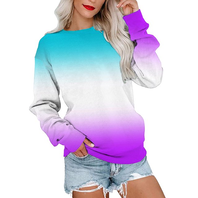 MSJUHEG Sweatshirt For Women Long Sleeve Workout Tops For Women Round Neck Sweatshirt Long Sleeve Top Gradient Color Matching Pullover Loose Version Pullover Sweater Womens Sweatshirt Light Blue M