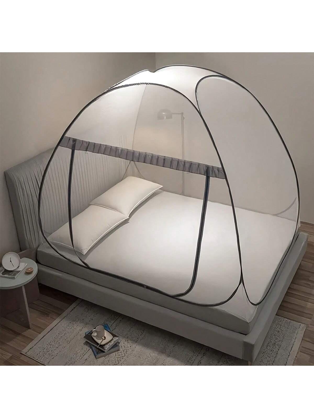 No Assembly Required Mongolian Tent Mosquito Net 1 Second Installation 360 Full Coverage Portable Foldable Four Seasons Bed Canopy With U Shaped Zipper Scalloped Edge 150*200cm Grey