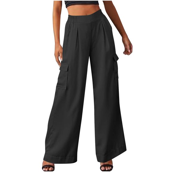 qucoqpe Trendy Solid Wide Leg Cargo Pants for Women Loose Fitting Office Work Trousers with Pockets Comfortable Business Casual Suit Pants