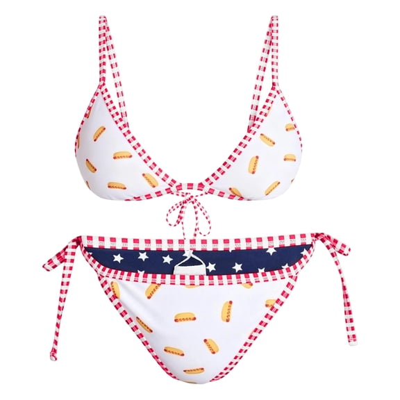 Summer Print Reversible Triangle Halter Bikini Sets, Women's 4th Of July Hotdog Print Summer Swimsuit 2-in-1 Bathing Suit