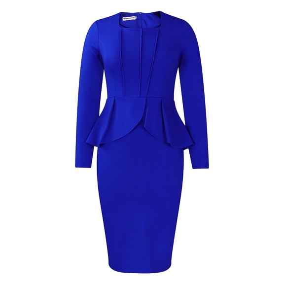 AURA Plus Size Pencil Dress Square Neck Ruffle Detail Long Sleeve High Waist Midi S-XXXL