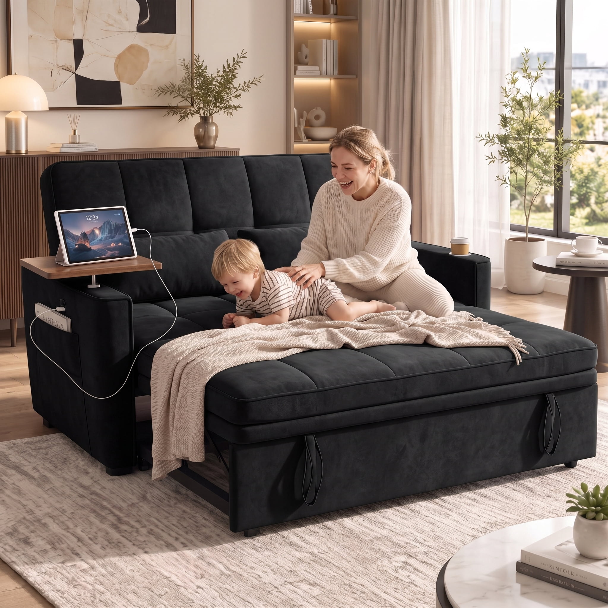 avobird 54'' Pull Out Sofa Bed, Convertible Sleeper Couch for for Living Room, Side Desk, USB Ports, Cup Hold, Velvet Fabric, Adjustable Backrest, Black