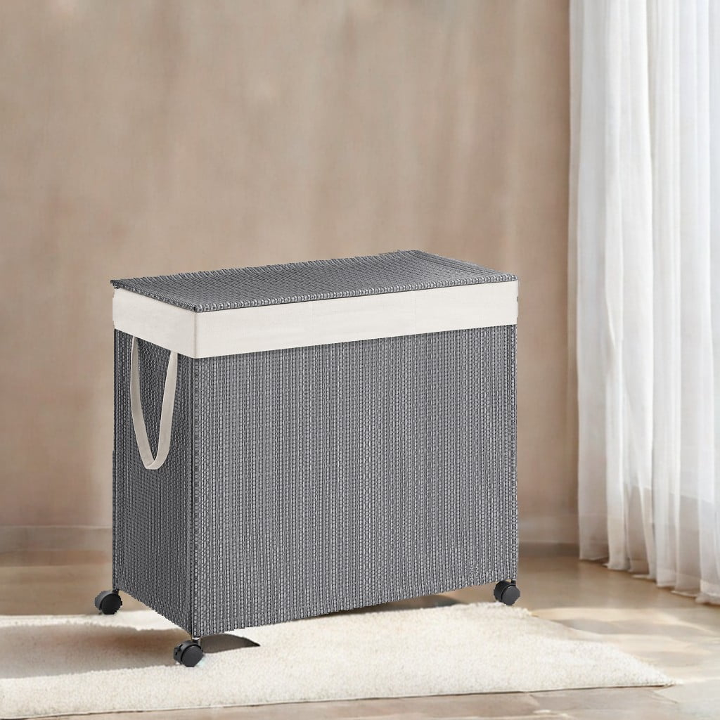 LEDREM Laundry Hamper with 3 Sections, Large 140L Rolling Clothes Basket with Lid, Removable Liner, Wheels, Rattan-Style, Dove Gray and White