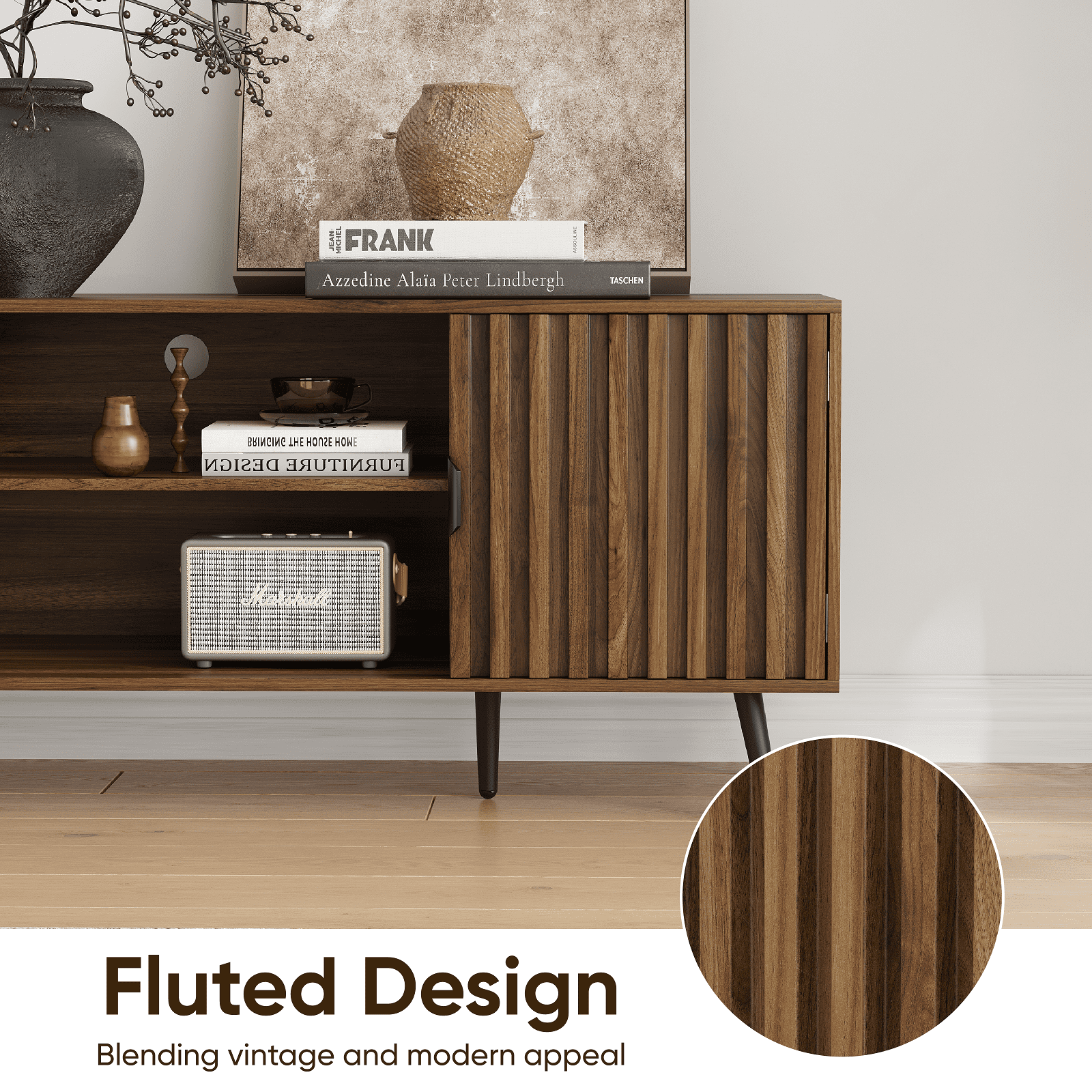Smuxee Mid-century Fluted TV Stand for 65 Inch TV, Walnut