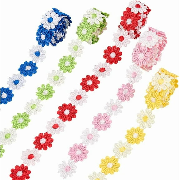 7.5 Yards 5 Colors Daisy Flower Lace Trim Ribbon 1 inch Floral Ribbon Embroidered Lace Fabric Edge Trim Floral Applique for DIY Sewing Crafts Dress Wedding Party Decor Clothes