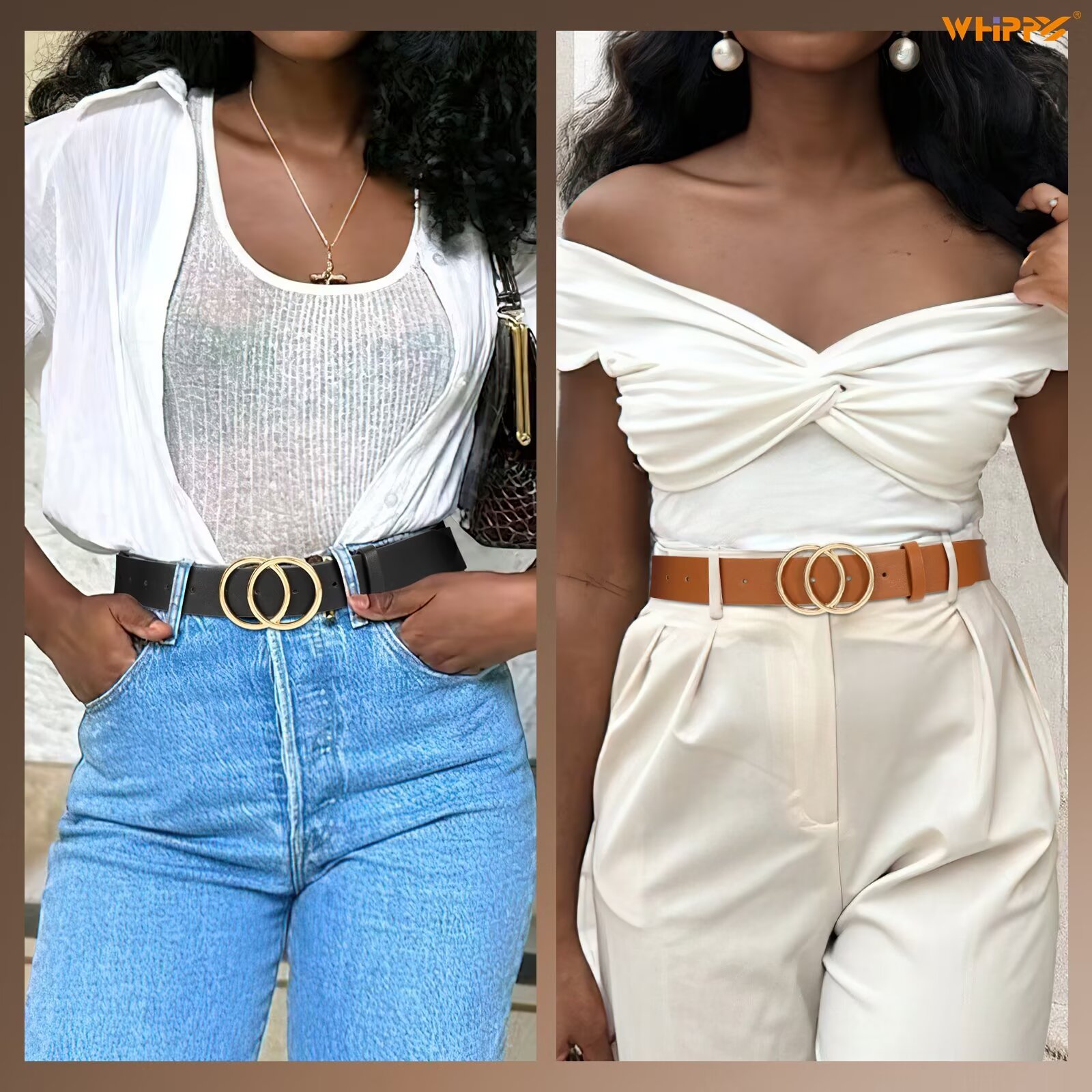 Whippy Women's Leather Belt 2-Pack Double Ring Buckle photo 3