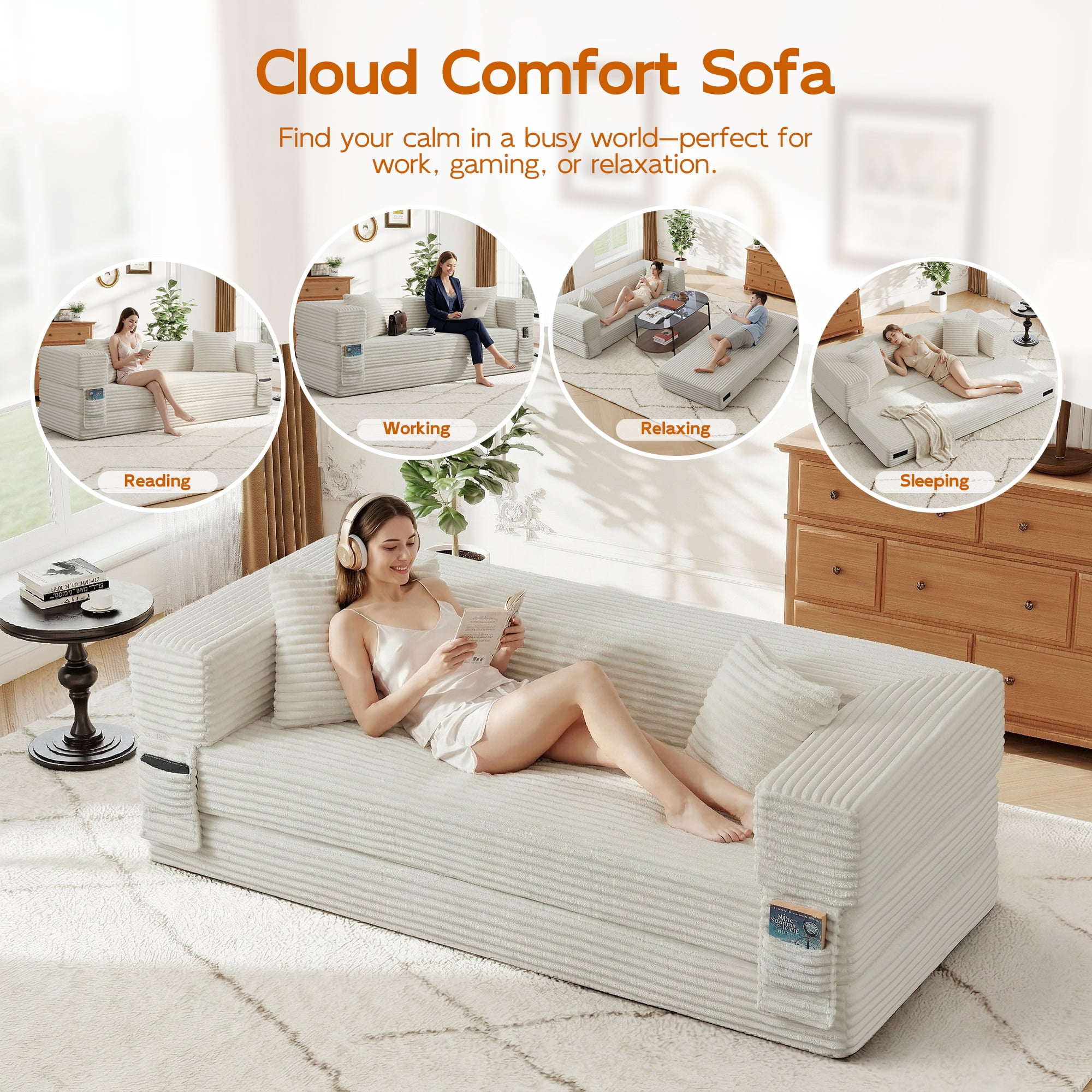 Aukfa 78.7" Corduroy Convertible Sofa Bed, Boneless Sleeper Sofa Couch for Living Room Apartment,Beige