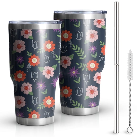 30oz Pioneer Flower Floral Print Pattern Tumbler, Double Wall Vacuum Insulated Cup, BPA-Free Leak Proof Lid & Reusable Straws, Hot 12h, Cold 34h