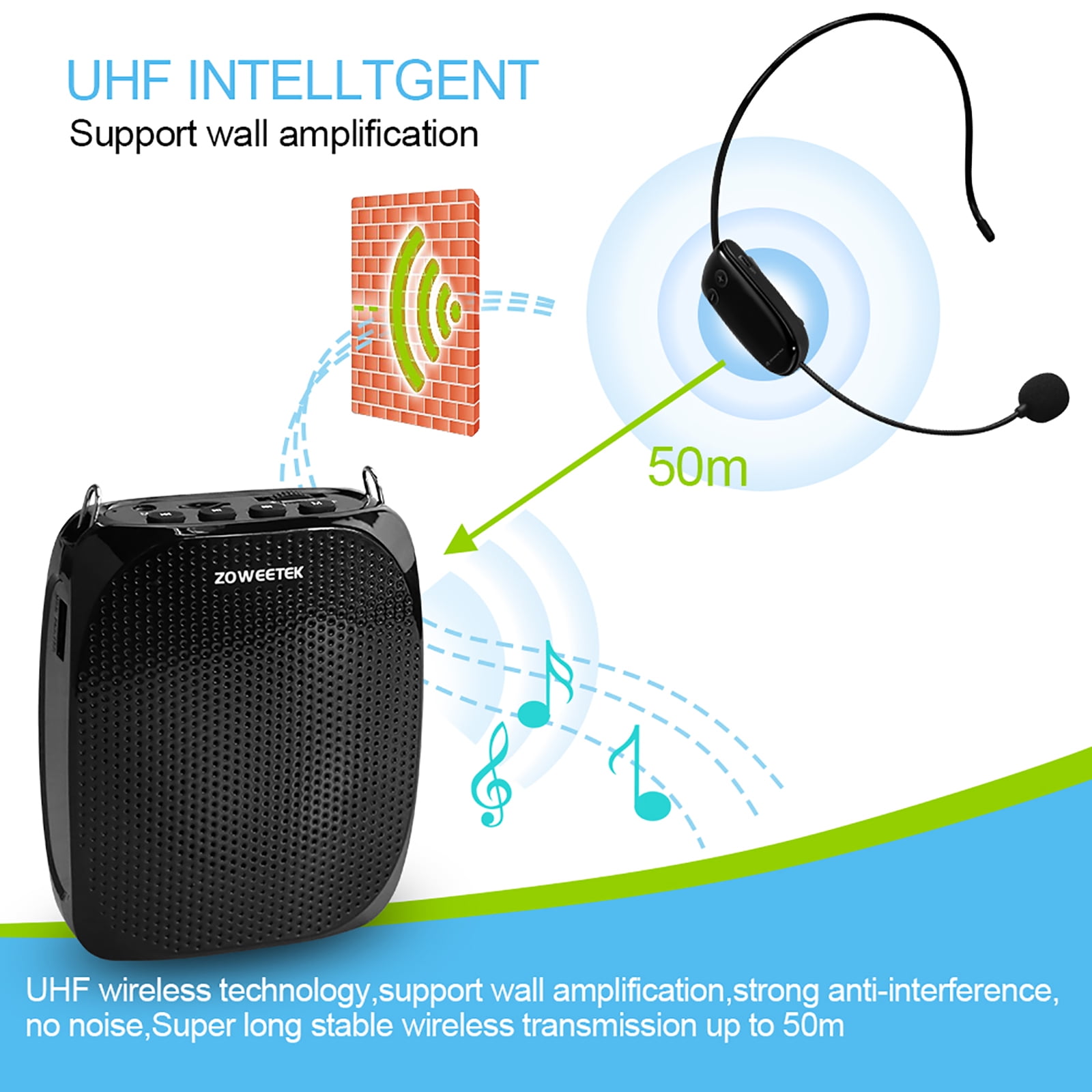 Zoweetek Voice Amplifier with UHF Wireless Microphone PA System Portable Speakers for Classroom Meetings Outdoors Multiple Locations