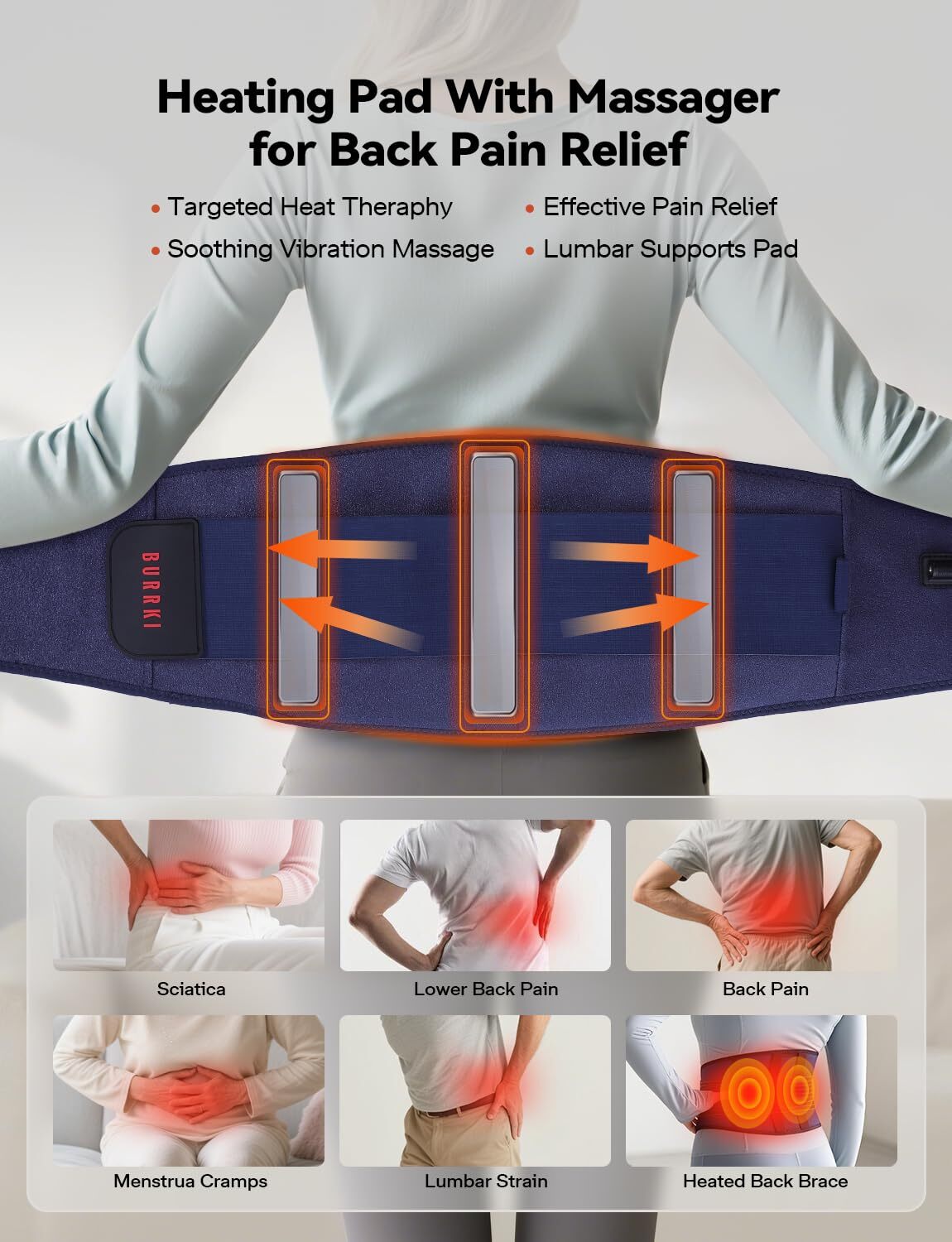 BURRKI Plug-in Heating Pad for Back Pain Relief, 47-60" Lower Back Massager with 3 Heat & 3 Timer & 5 Vibration, Heated Back Lumbar Support Belt for Cramps, Gift for Men & Women